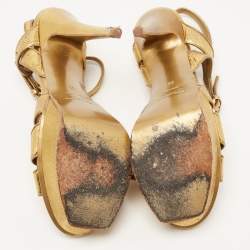 Pre Owned Saint Laurent Gold Textured Leather Tribute Sandals Size 39