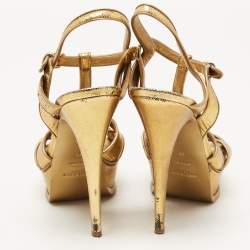 Pre Owned Saint Laurent Gold Textured Leather Tribute Sandals Size 39
