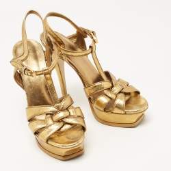 Pre Owned Saint Laurent Gold Textured Leather Tribute Sandals Size 39