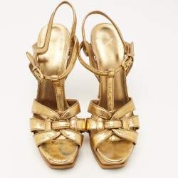 Pre Owned Saint Laurent Gold Textured Leather Tribute Sandals Size 39