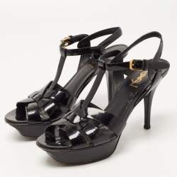 Pre Owned Saint Laurent Black Patent Leather Tribute Sandals Size 38.5