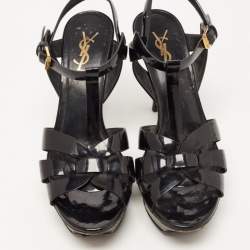 Pre Owned Saint Laurent Black Patent Leather Tribute Sandals Size 38.5