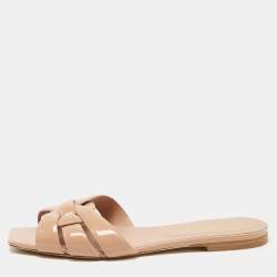 Saint Laurent Beige Patent Leather Tribute Flat Slides Size 39
