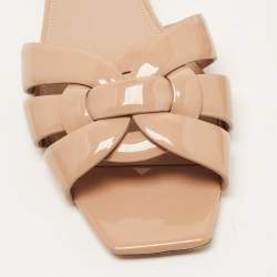 Saint Laurent Beige Patent Leather Tribute Flat Slides Size 39