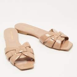 Saint Laurent Beige Patent Leather Tribute Flat Slides Size 39