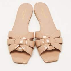 Saint Laurent Beige Patent Leather Tribute Flat Slides Size 39