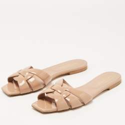 Saint Laurent Beige Patent Leather Tribute Flat Slides Size 39