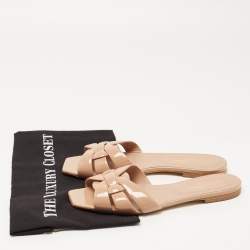 Saint Laurent Beige Patent Leather Tribute Flat Slides Size 39