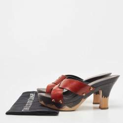 Saint Laurent Brown Leather Cross Strap Wooden Clogs Size 38