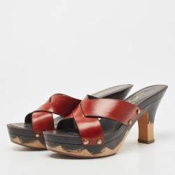 Saint Laurent Brown Leather Cross Strap Wooden Clogs Size 38