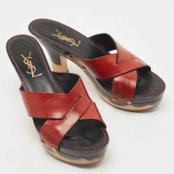 Saint Laurent Brown Leather Cross Strap Wooden Clogs Size 38