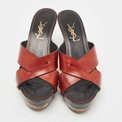 Saint Laurent Brown Leather Cross Strap Wooden Clogs Size 38