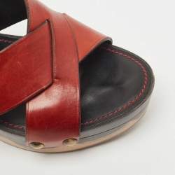 Saint Laurent Brown Leather Cross Strap Wooden Clogs Size 38