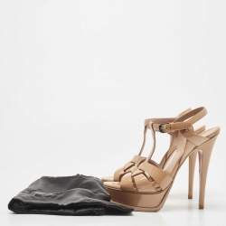 Pre Owned Saint Laurent Beige Leather Tribute Platform Ankle Strap Sandals Size 36