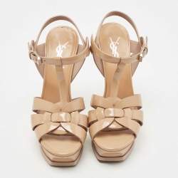 Pre Owned Saint Laurent Beige Leather Tribute Platform Ankle Strap Sandals Size 36