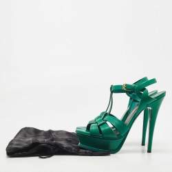 Saint Laurent Green Leather Tribute Platform Ankle Strap Sandals Size 36