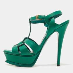 Saint Laurent Green Leather Tribute Platform Ankle Strap Sandals Size 36