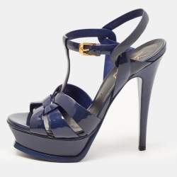 Saint Laurent Navy Blue Patent Leather Tribute Platform Ankle Strap Sandals Size 36