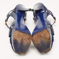 Saint Laurent Navy Blue Patent Leather Tribute Platform Ankle Strap Sandals Size 36