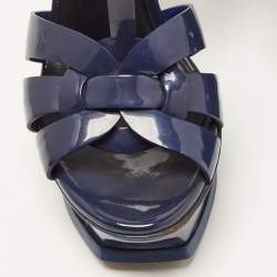 Saint Laurent Navy Blue Patent Leather Tribute Platform Ankle Strap Sandals Size 36