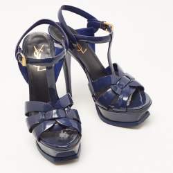 Saint Laurent Navy Blue Patent Leather Tribute Platform Ankle Strap Sandals Size 36