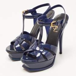 Saint Laurent Navy Blue Patent Leather Tribute Platform Ankle Strap Sandals Size 36