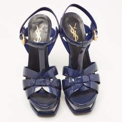 Saint Laurent Navy Blue Patent Leather Tribute Platform Ankle Strap Sandals Size 36