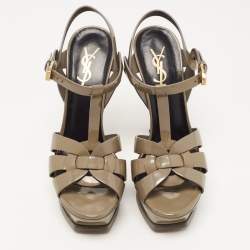 Pre Owned Saint Laurent Grey Leather Tribute Platform Ankle Strap Sandals Size 36