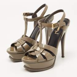 Pre Owned Saint Laurent Grey Leather Tribute Platform Ankle Strap Sandals Size 36