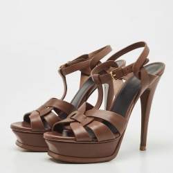 Pre Owned Saint Laurent Brown Leather Tribute Platform Ankle Strap Sandals Size 37.5