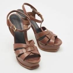 Pre Owned Saint Laurent Brown Leather Tribute Platform Ankle Strap Sandals Size 37.5