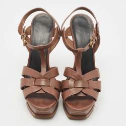 Pre Owned Saint Laurent Brown Leather Tribute Platform Ankle Strap Sandals Size 37.5
