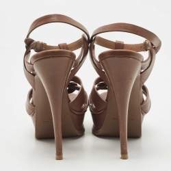 Pre Owned Saint Laurent Brown Leather Tribute Platform Ankle Strap Sandals Size 37.5