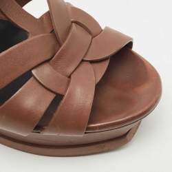 Pre Owned Saint Laurent Brown Leather Tribute Platform Ankle Strap Sandals Size 37.5