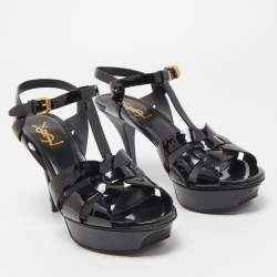Pre Owned Saint Laurent Black Leather Tribute Platform Ankle Strap Sandals Size 37.5