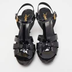 Pre Owned Saint Laurent Black Leather Tribute Platform Ankle Strap Sandals Size 37.5