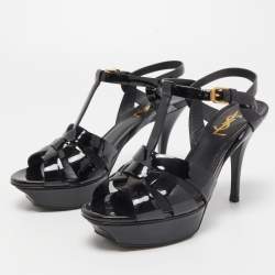 Pre Owned Saint Laurent Black Leather Tribute Platform Ankle Strap Sandals Size 37.5
