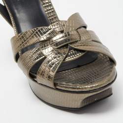 مملوكة مسبقًا Saint Laurent Metallic Lizard Embossed Leather Tribute Platform Ankle Strap Sandals Size 37.5