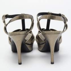 مملوكة مسبقًا Saint Laurent Metallic Lizard Embossed Leather Tribute Platform Ankle Strap Sandals Size 37.5