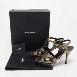 مملوكة مسبقًا Saint Laurent Metallic Lizard Embossed Leather Tribute Platform Ankle Strap Sandals Size 37.5