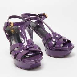 Pre Owned Saint Laurent Paris Purple Patent Leather Tribute Platform Ankle Strap Sandals Size 37