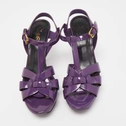 Pre Owned Saint Laurent Paris Purple Patent Leather Tribute Platform Ankle Strap Sandals Size 37