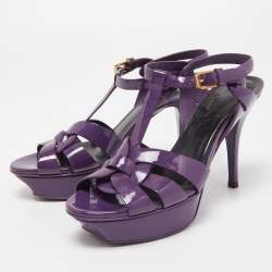 Pre Owned Saint Laurent Paris Purple Patent Leather Tribute Platform Ankle Strap Sandals Size 37