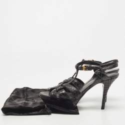 Saint Laurent Paris Black Python Leather Embossed Tribute Platform Ankle Strap Sandals Size 36.5