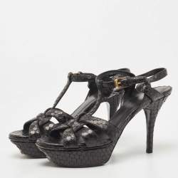Saint Laurent Paris Black Python Leather Embossed Tribute Platform Ankle Strap Sandals Size 36.5