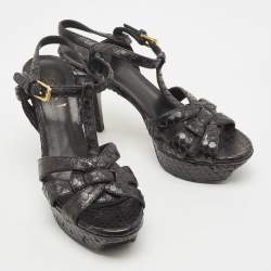 Saint Laurent Paris Black Python Leather Embossed Tribute Platform Ankle Strap Sandals Size 36.5