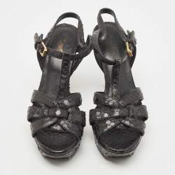 Saint Laurent Paris Black Python Leather Embossed Tribute Platform Ankle Strap Sandals Size 36.5