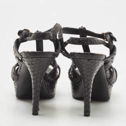 Saint Laurent Paris Black Python Leather Embossed Tribute Platform Ankle Strap Sandals Size 36.5
