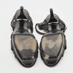 Saint Laurent Paris Black Python Leather Embossed Tribute Platform Ankle Strap Sandals Size 36.5