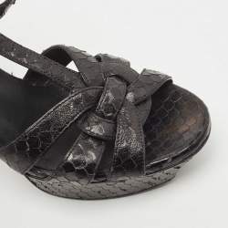 Saint Laurent Paris Black Python Leather Embossed Tribute Platform Ankle Strap Sandals Size 36.5